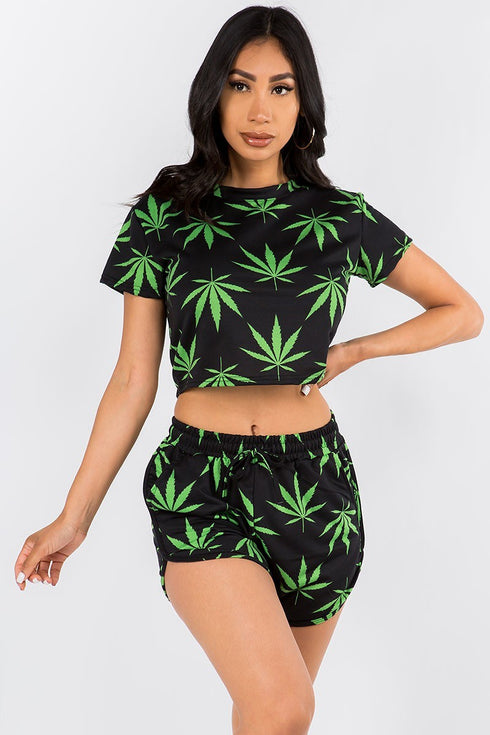 2 Pc. Weed Print Short Sleeve Crop Top W/ Shorts - Black & Green - SohoGirl.com